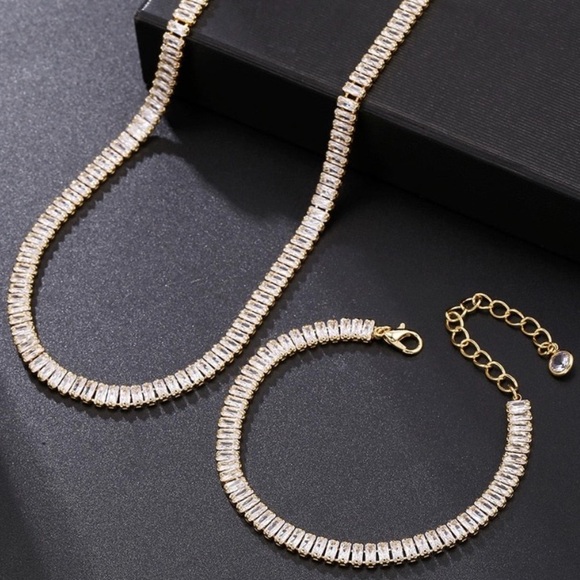 Baguette Crystal Gold Plated Zircon Diamond Necklace Bracelet Set - Picture 1 of 9
